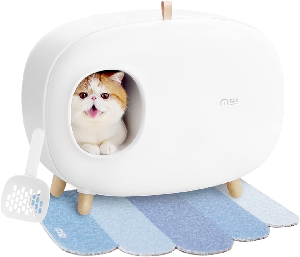 MS!MAKE SURE Cat Litter Box (with Litter Mat), Enclosed Design, Large Space Litter Box with Lid, Prevent Sand Leakage and Isolate Odors, Easy to Clean, with Cat Litter Scoop - White