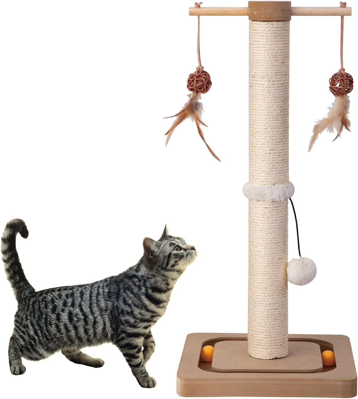 PEEKAB Cat Scratching Post Premium Sisal Toll Scratch Posts with Tracking Interactive Toys Vertical Scratcher for Indoor Cats and Kittens- 25 inches Beige