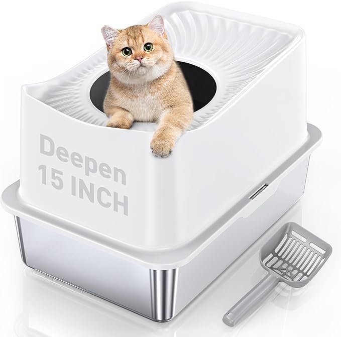 WoofiGo Stainless Steel Cat Litter Box, Large Top Entry Litter Box for Big Cats, Enclosed Kitty Litter Box with Lid, Metal Cat Litter Box Never Absorbs Odors, Easily Cleaning, Include Scoop